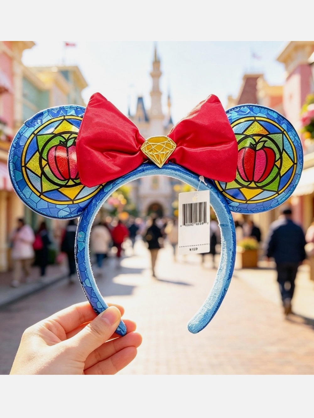 Disney Loungefly Snow White Blue Stained-Glass Minnie Ears Headband with Red Bow
